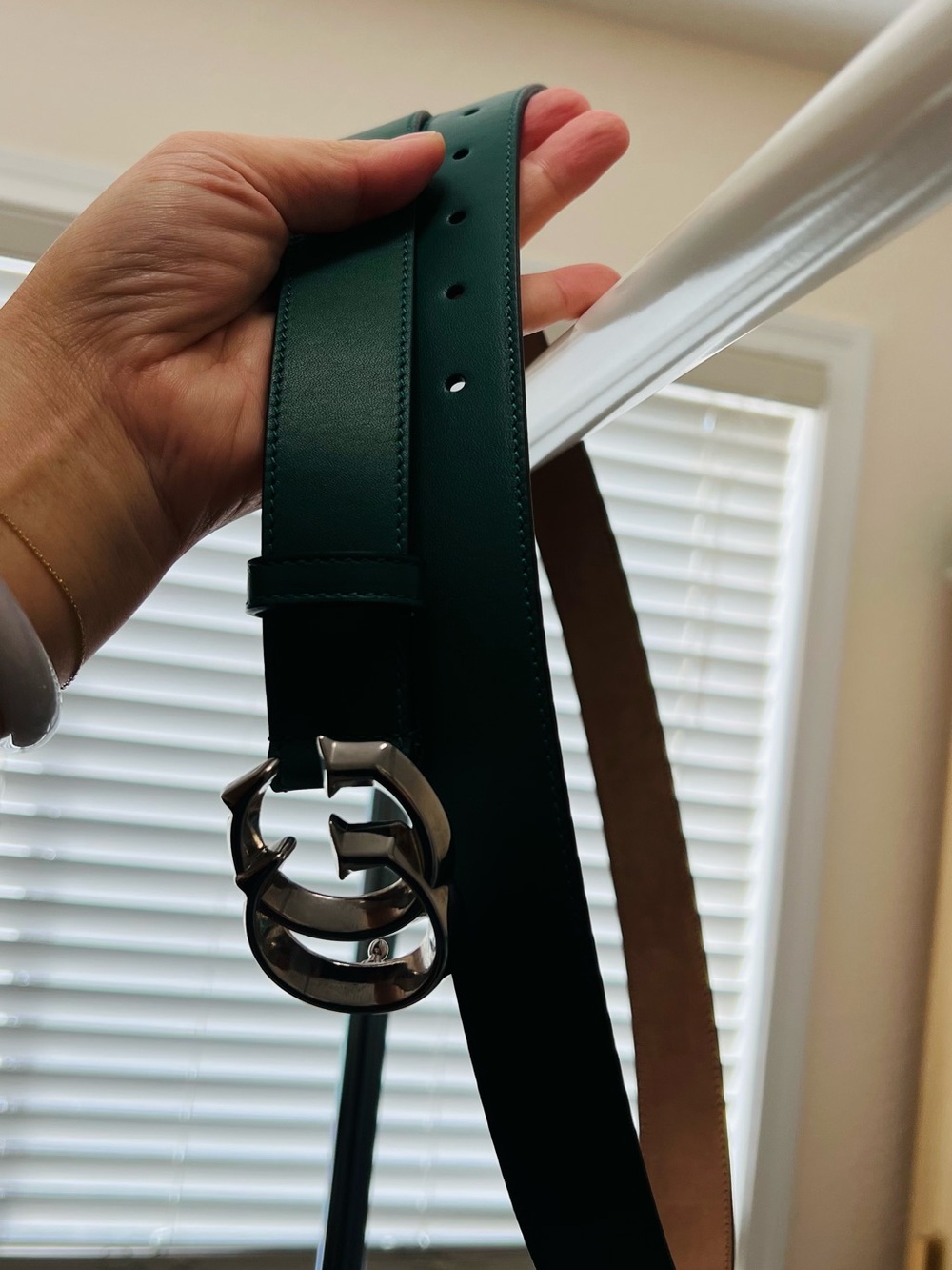 Gucci Dark Green Leather Belt with Silver Double G Buckle